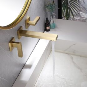 Factory Wholesale 3 Hole 2 Handle Wall Mount Bathroom Faucet Contemporary Ceramic Gold Color Faucet For Bathroom