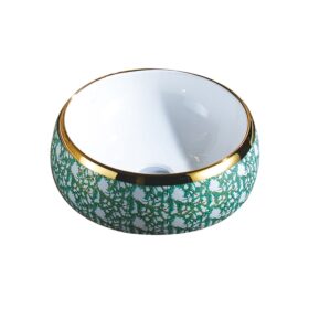 Wholesale New Decorative Pattern Round Artistic Ceramic Basin Porcelain Electroplated Table Top Bathroom Sink Gold Wash Basin