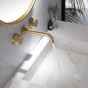 Wholesale Wall Mount Bathroom Faucet Solid Brass Wall Mount Two Handle Faucet Golden Baths Mixers Faucet