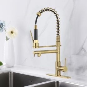 Commercial Kitchen Faucet with Pull Down Sprayer 360 Degree Swivel High Arch Spring Pre-rinse Farm Kitchen Sink Faucet with Deck Plate Gold