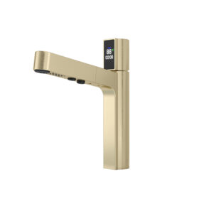 Brushed Gold Bathroom Faucet with LED Temperature Display, Bathroom Faucet with Pull Down Sprayer