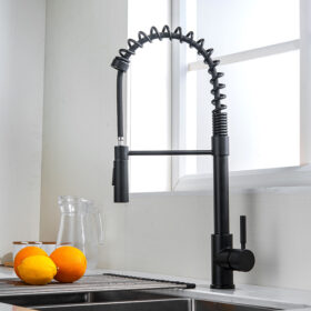 Factory Wholesale Kitchen Faucet with Pull Down Sprayer Matte Black Solid Brass Single Handle Single Lever Commercial Spring Kitchen Sink Faucets