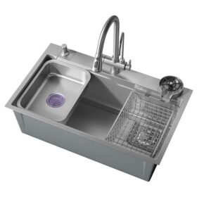 Metal Grey 304 Stainless Steel Kitchen Sink with Rainfall Faucet & Pull Lefton Kitchen Sink Set